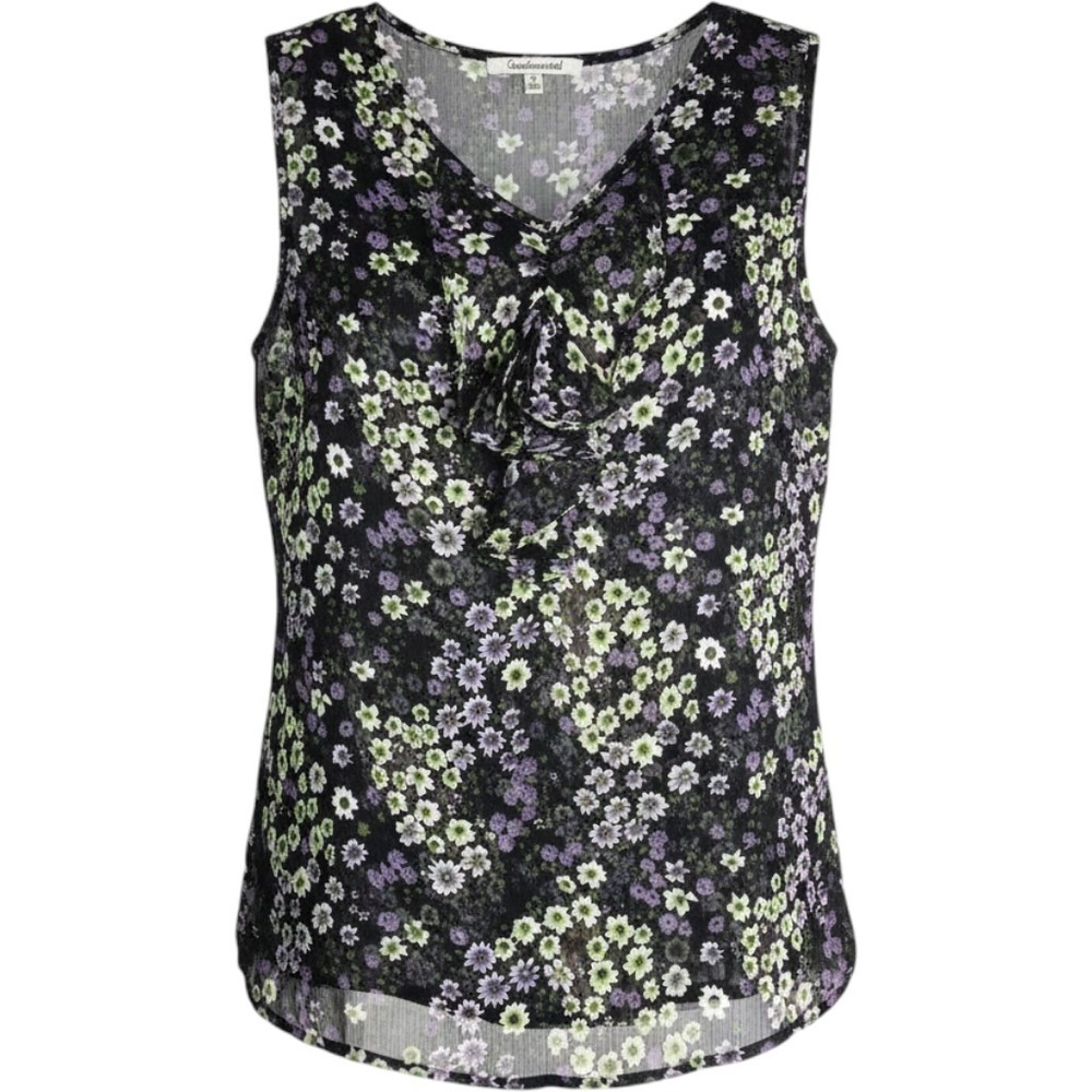 Quintessential Blouse Women M Black Floral Ruffle V-Neck Sleeveless Chiffon Top
